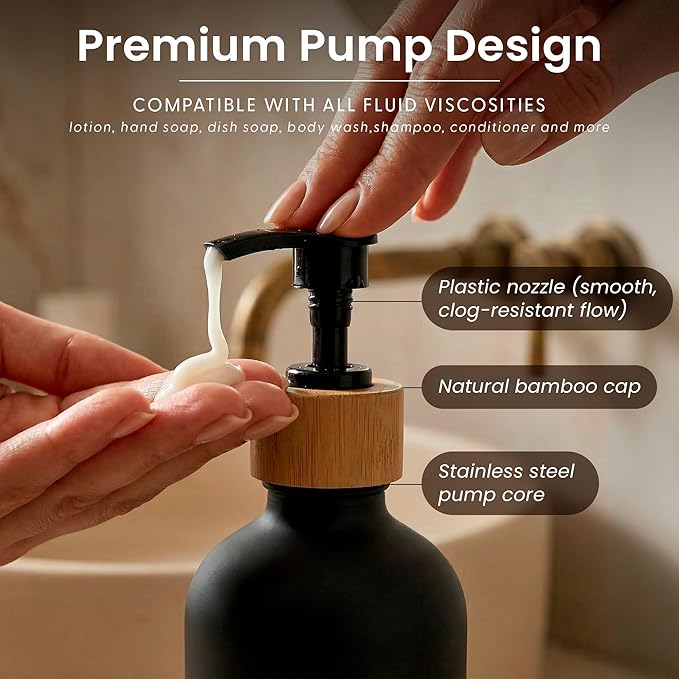 MaisoNovo Glass Dish Soap Dispenser for Kitchen Set of 2-16.9oz Dish and Hand Soap Dispenser Set for Kitchen - Black Glass Bottles x 2 with Black Bamboo Pumps & Tray