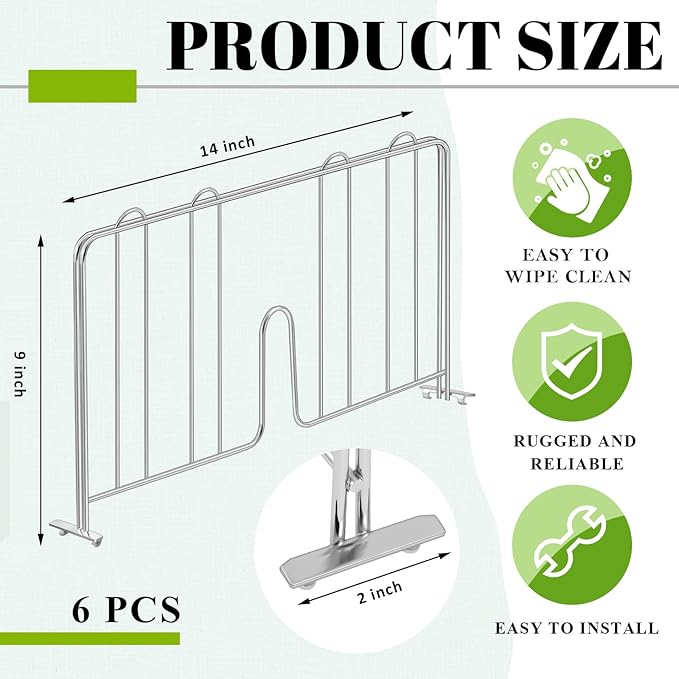 6 Pcs 14" W x 9" H Wire Shelf Divider Chrome Plated Steel Wire Rack Divider for Shelving Metal Accessories for Bathroom Kitchen Office Pantry Room Storage Organization, Silver