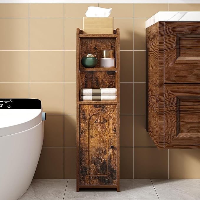Bathroom Storage Cabinet, Corner Floor Cabinet with Doors and Adjustable Shelf, Narrow Toilet Paper Cabinets, Bathroom Organizer for Small Spaces, Brown BC19701X
