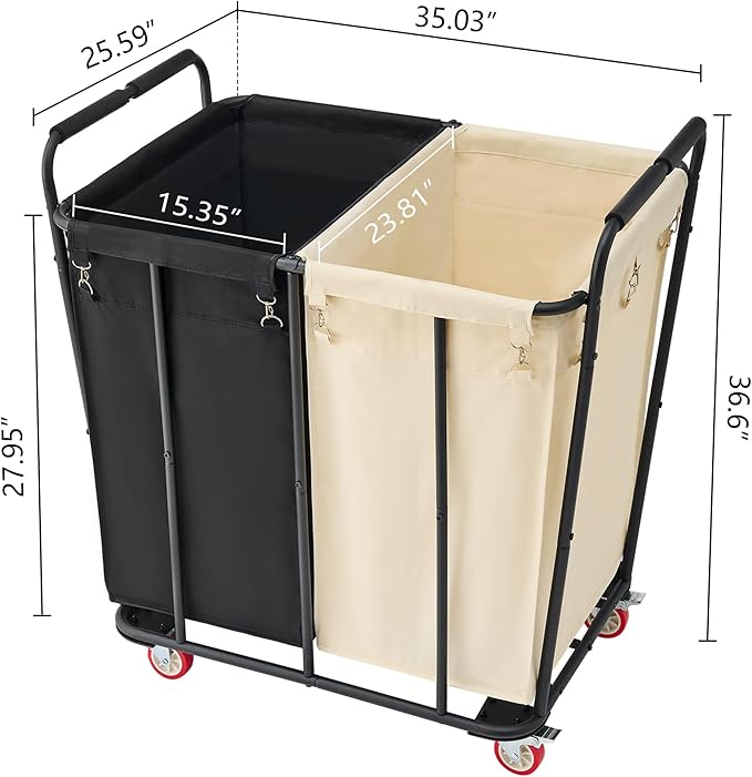 Hoctieon 2 Section Laundry Sorter Cart, 400L Rolling Hamper with Wheels, Industrial Laundry Basket Organizer, Extra Large Dirty Clothes Hamper for Home & Hotel, Heavy Duty, Black+Beige