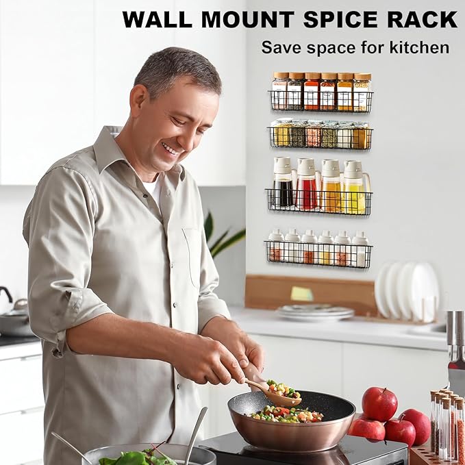 Spice Rack Organizer Wall Mount, 4 Pack Black Seasoning Rack Wire Storage Baskets for Wall or Cabinet Door in Kitchen and RV