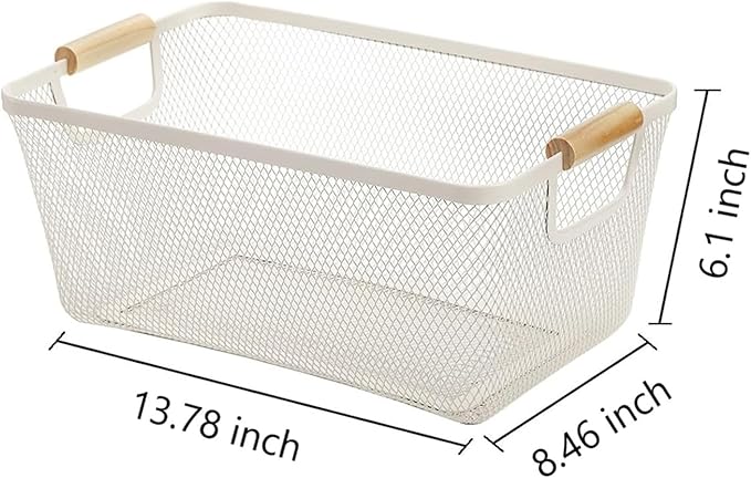 Metal Mesh Steel Basket, Large Wire Storage Organizer Basket Multi-function Hanging Kitchen Baskets with Wood Handle for Kitchen Bathroom Picnic Home, Rectangle-Off White