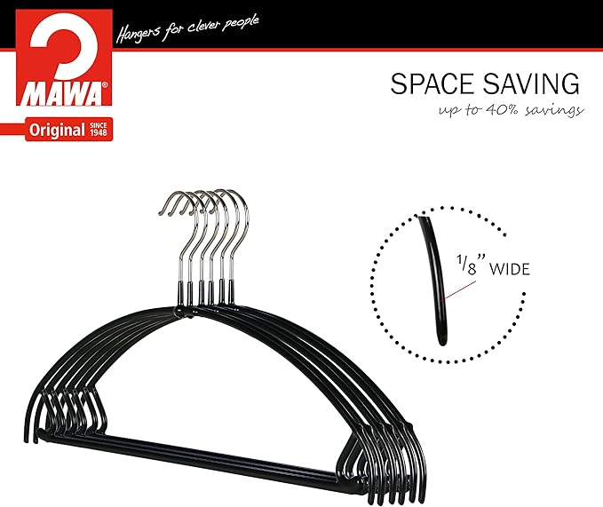 Mawa by Reston Lloyd Euro Ultra Light/Thin Series, Non-Slip Space Saving Clothes Hanger with Bar & Hook for Pants and Skirts, Style 42/PTU, Set of 130, Black
