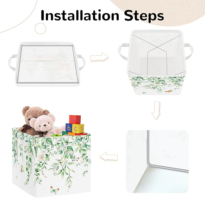 Clastyle 3 pcs Leaf Women Cube Storage Unit Bin with Metal Frame Foldable Kallax Box for Shelves Ladies Girls Closet Organizer Basket for Book Clothes Toy Organizer, Eucalyptus, 11.8x11.8x11.8 in