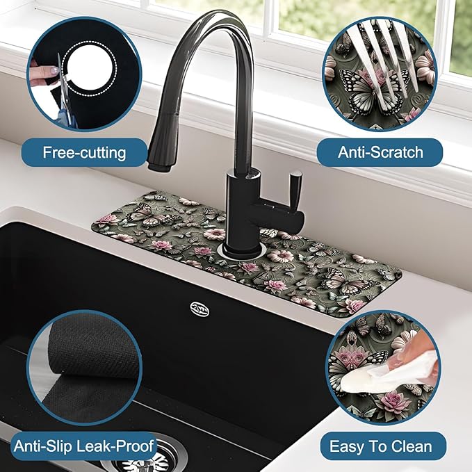 Cute Butterfly Sink Splash Guard Pink Flower Faucet Absorbing Mat Fast Drying Mat Sink Gadgets Splash Guard Behind Faucet Drip Catcher for Kitchen Bathroom, 15.5"x5.5"