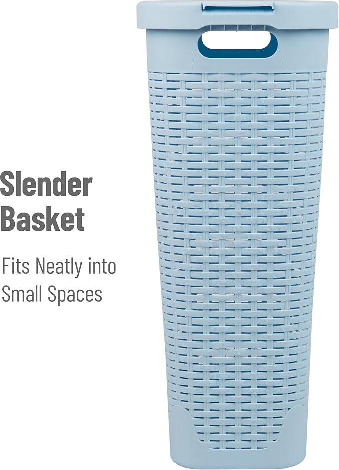 Mind Reader Slim Laundry Hamper with Lid, 40L Clothes Basket, Premium Wicker Design, Plastic, Baby Blue