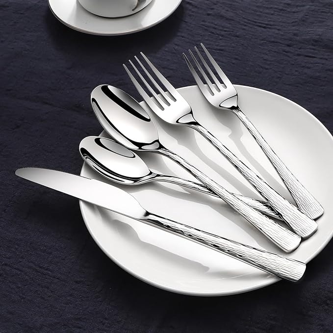 Hammered Silverware Set, 30 Piece Stainless Steel 18/10 Flatware Set for 6, Utensil Sets DishwasherSafe, Rust-Resistant, Modern Cutlery Set forHome, Wedding, Restaurant