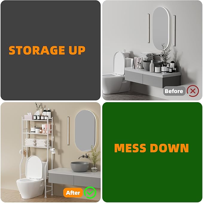 3-Tier Over The Toilet Storage, Space Saver Metal Bathroom Shelves, Freestanding Above Over Toilet Storage Shelf with 4 Hooks for Bathroom, White