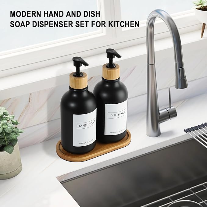 Hand and Dish Soap Dispenser Set, Plastic Kitchen Soap Dispenser Set with Bamboo Tray, 17 Fl Oz Black Soap and Lotion Dispensers Sets with 4 Pack Labels for Kitchen & Bathroom Countertop