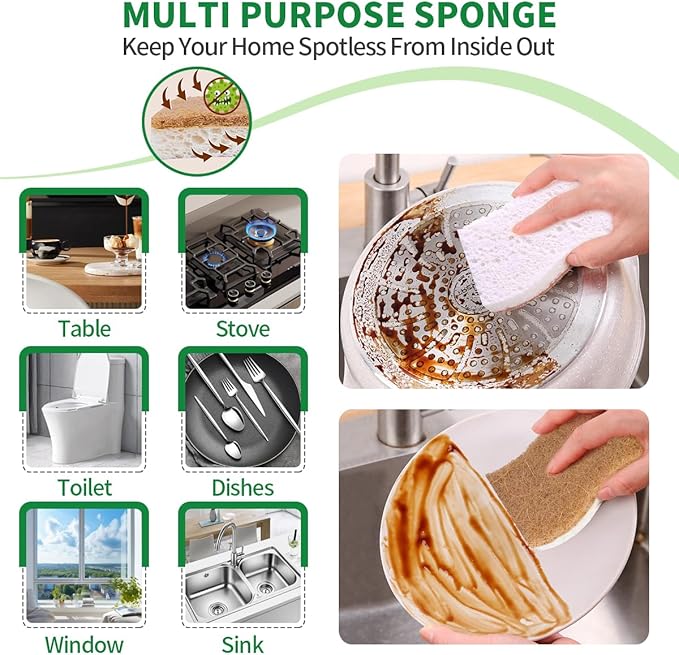 Sponges Kitchen Natural Dish Sponge Plant-Based Biodegradable Compostable Cellulose with Coconut Scrubber Sponge Non Scratch Eco Friendly Kitchen sponges for Kitchen Dishes（Pack of 16）