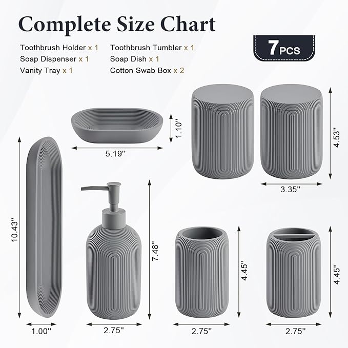 Bathroom Accessories Set - 7-Piece Resin Bathroom Set, Toothbrush Holders Set, Soap Dispenser, Qtip Holder Dispenser, Tumbler, Soap Dish & Tray, Modern Bath Decor for Home Dorm Hotel (Grey)