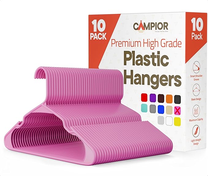 Pink Plastic Hangers 10 Pack– Heavy-Duty Plastic Hangers Slim and Space-Saving, Durable and Lightweight PP with Non-Slip Shoulder Notches for Slip Dresses, Suits, Jackets & Camisoles