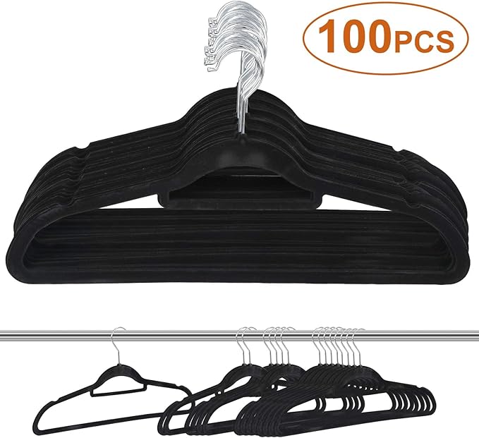JupiterForce Velvet Hangers, 100 Pack Non-Slip Slim Clothes Hangers with 360 Degree Swivel Hook, Space Saving Velvet Coat Hangers for Closet Organization, Black