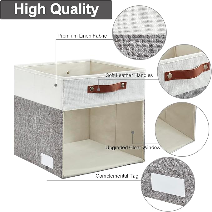 Storage Cubes, 4 Pack Linen Foldable Storage Bins (13 x 13 inch) with Clear Window and 2 Handles, Closet Organizers and Storage for Shelf Closet, Clothes, Books - (Gray and White)