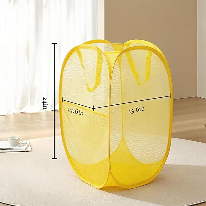 The upgraded pop-up laundry basket features a breathable side pocket mesh design, making it ideal for rooms, apartments, dormitories, travel, business trips, and children's storage (1,yellow)