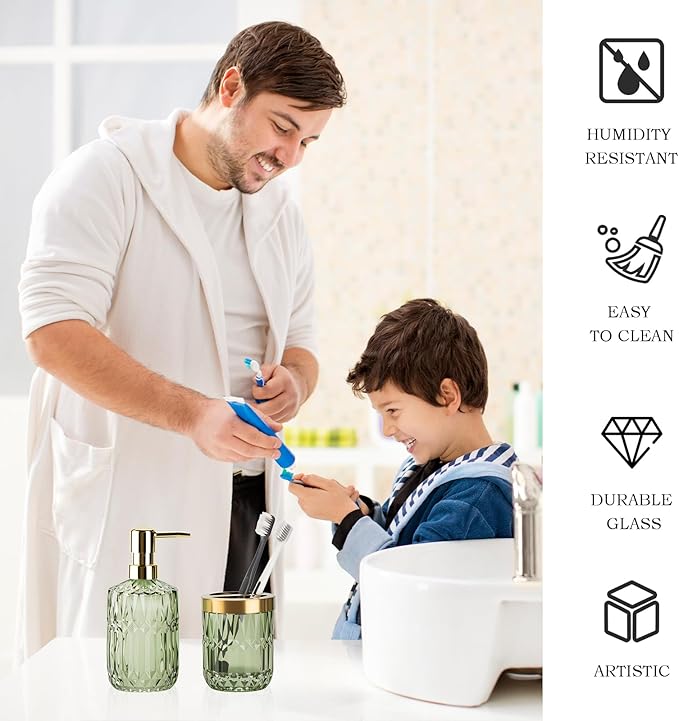 Glass Bathroom Accessories Set, 2PCS Clear Glass Bathroom Accessory, Toothbrush Holder and Soap Dispenser Set for Modern Bathroom Decor(Green)