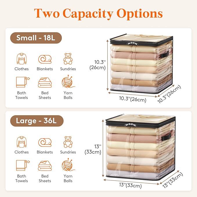 Lifewit 6 Pack Clear Clothes Storage Bags, 13 Inch Clear Cube Storage Bins, 36L Vinyl Foldable Moving Bags with Zipper, Storage Container for Sweater Sheets Yarns