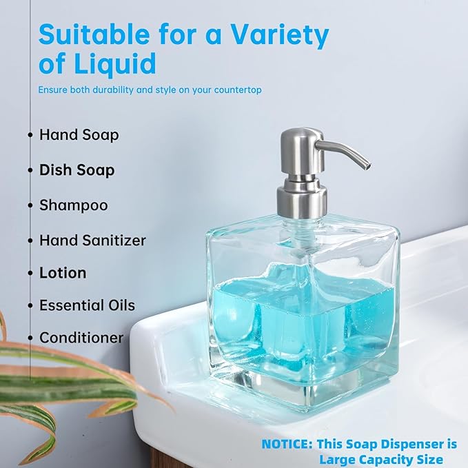 Square Bathroom Soap Dispenser Brushed Nickel, Large Capacity 16.9 oz Glass Bottles with Stainless Steel Pump Retangle Cube Liquid Soap Dispenser Kitchen