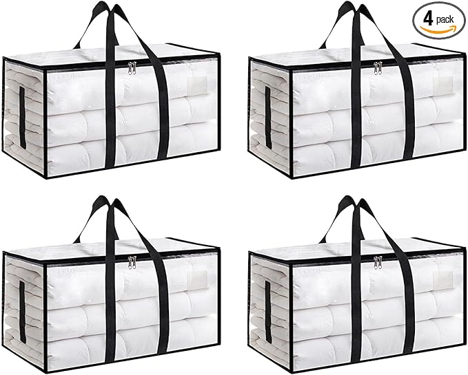 4 Pack-Extra Large Heavy Duty Moving Bags - Waterproof Storage Totes with Handles & Zippers, Foldable for College Dorm, Storage (Clear)