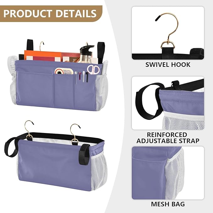 KOPIRIT Purple Bedside Caddy Storage Bag Bedside Organizer for College Dorm Top Bunk Bed Hanging Storage Organizer 6 Pockets with Hooks for Book Glasses Phone Holder