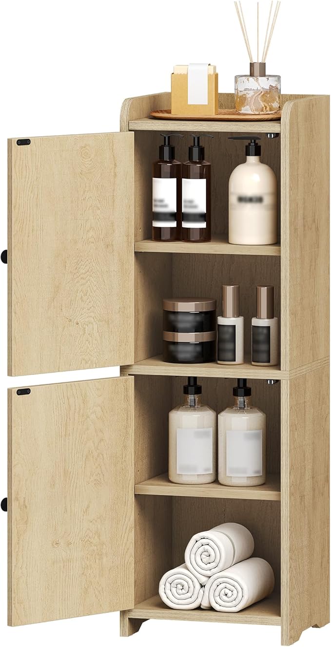 Bathroom Storage Cabinet, Small Corner Floor Cabinet with 2 Doors and Adjustable Shelf, Narrow Toilet Paper Cabinets, Bathroom Organizer for Small Spaces, 7.9" D x 9.8" W x 29.5" H Yellow