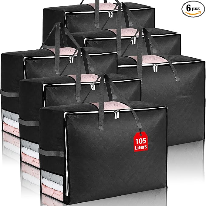 6Pack 105L Extra Large Blanket Comforter Storage Bags, Foldable Storage Bags for King Comforter Bedding Pillow Sheet Clothes with Handles Zippers Clear Window Closet Organizers and Storages, Black