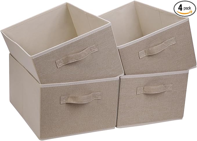 BOMKEE Collapsible Sorage Bins, Storage Cubes Baskets Collapsible Fabric Storage Boxes with Handles for Home and Office (Set of 4, Beige, 15.4 x 11.4 x 7.91inch)