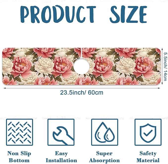 Beautiful Peony Sink Faucet Absorbing Mat Bright Peonies Super Absorbent Fast Drying Mat Sink Gadgets Behind Faucet Sinkmat for Kitchen Bathroom, 23.5"x5.5"