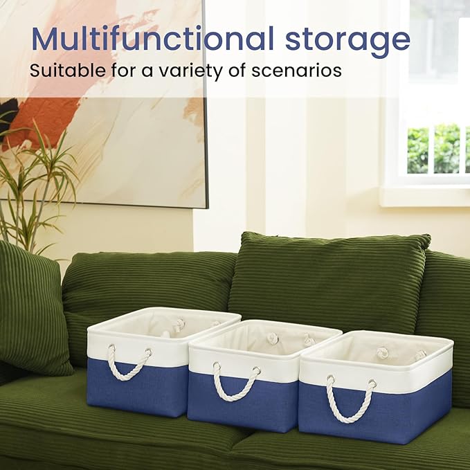 Large Storage Baskets- 15.7x11.8x8.26 inch Storage Bins for Shelves and Closet Organizing, Foldable Fabric Bin for Home Organization Clothes and Laundry (6-Pack, White&Blue)