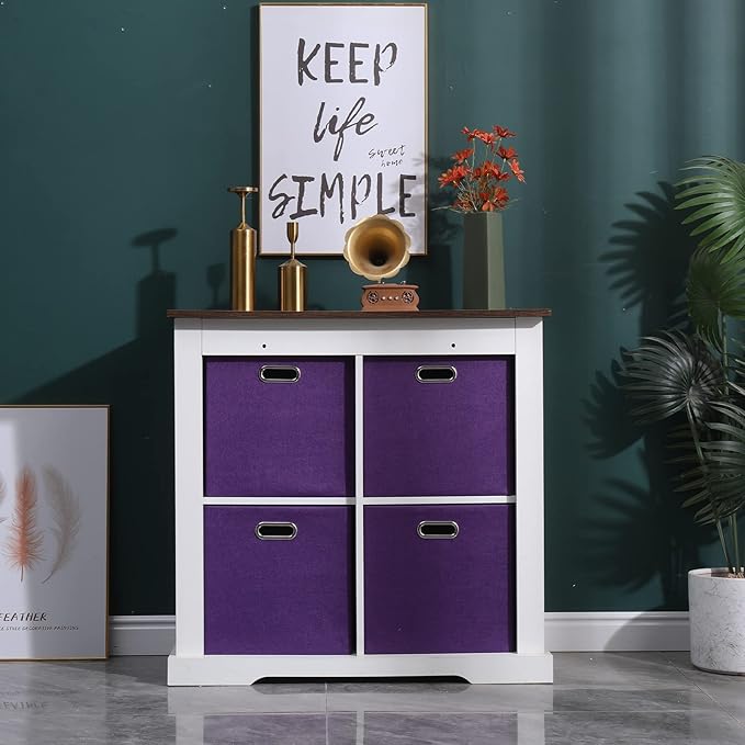 Collapsible Organization Basket Fabric Foldable Box with Handles, 11x11 Cube Storage Bins Set of 4, Thick and Heavy Duty Storage Baskets for Shelves Bedroom Livingroom,Purple