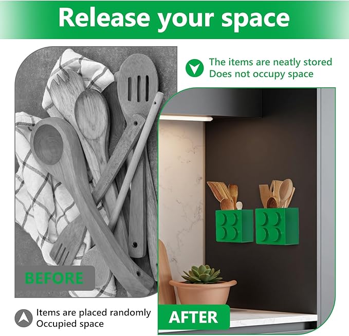 Magnetic Basket Organizer for Fridge - Lego-Style ABS Plastic Storage Box,No Drill Design for Kitchen Counter, Microwave & Whiteboard, Holds Up to 3.5 lbs (Green)