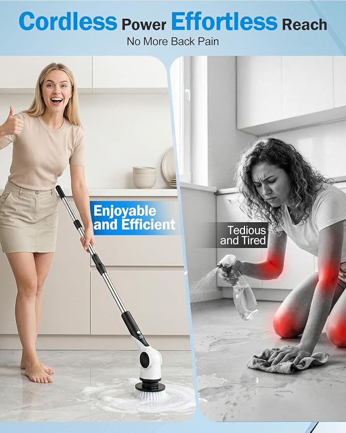 Electric Spin Scrubber, 3-Speed Cordless Shower Scrubber with Long Handle & 10 Replaceable Brush Heads, 90 Mins Runtime & Full-Body IPX7 Waterproof Shower Cleaner Brush for Bathroom Kithchen