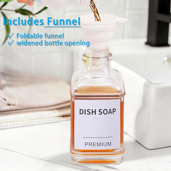Dish Soap Dispenser for Kitchen, Hand Glass Soap Dispenser Set with Pump, Funnel for Bathroom, Shower, Laundry, Liquid, Lotion (Gold 2 Pack 18 Oz Clear Bottles with 12 Stickers)