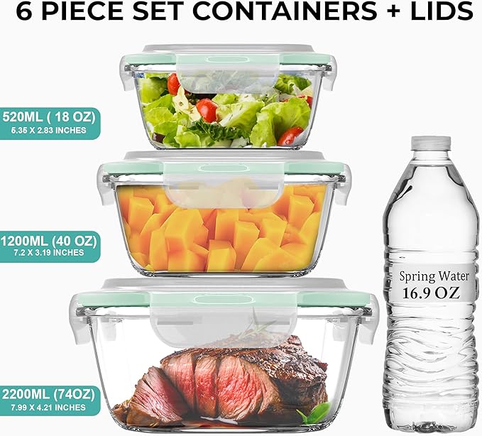Razab 6 PC Square Glass Food Storage Containers with Airtight lids (74, 40 & 18 oz) Kitchen Glass Meal Prep Containers Set for Freezer Reusable Leftover Lunch Boxes, Oven, Microwave, Dishwasher Safe