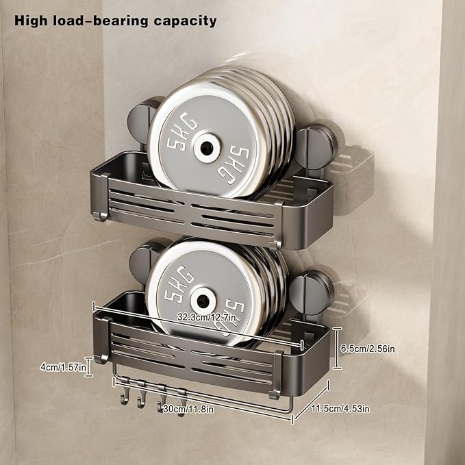 VOLPONE Shower Caddy Suction Cup No Drilling Suction Cup Shower Shelf Heavy Duty Bathroom Shower Organizer Storage Rack Adhesive with Towel Bar Hooks (1-Pack, Matte Gray)