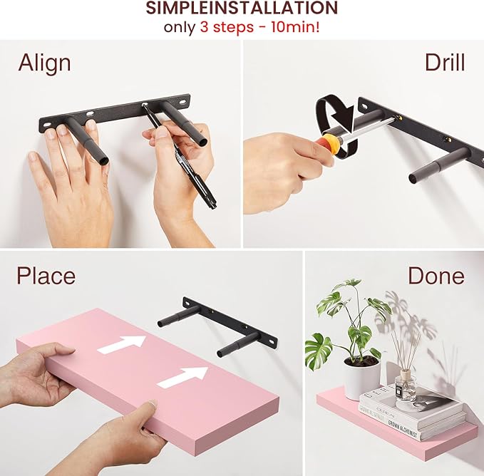 BAYKA Pink Floating Shelves for Wall – 15.7in Wood Wall Shelves for Bathroom, Bedroom, Living Room Decor Organize – Hanging Shelf for Books/Storage/Display with 22lbs Capacity(Set of 3)