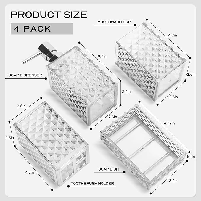 Bathroom Accessory Set, Grid Pattern 4 Pcs Plastic Bathroom Set Include Soap Dispenser, Soap Dish, Toothbrush Holder, Mousewash Cup, Modern Bahtroom Décor Set(White)