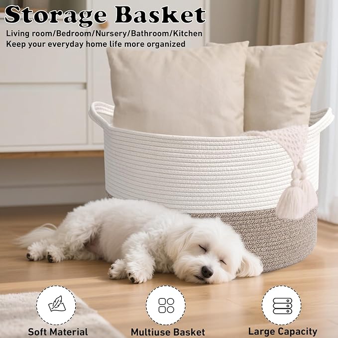 115L Large Blanket Basket,23.6" L x 23.6" W x 15.7" H Rope Woven Baskets with Handles, Toys Storage Bins,Laundry Basket Perfect for Living Room, Nursery,Bedroom,Home Organization,White&Brown