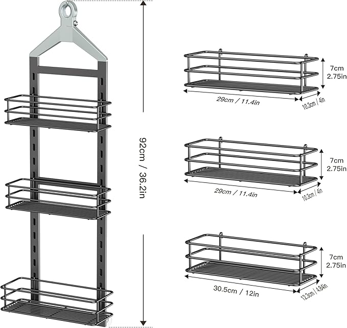 Orimade Adjustable Anti-slip Shower Caddy over Head, Rustproof Bathroom Hanging Shower Organizer with 2 Hooks for Razor, No Drilling Shower Shelves Storage Rack 3 Tier, Grey