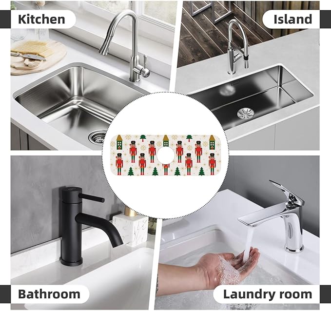 Nutcracker Christmas Tree Snowflakes Kitchen Sink Splash Guard Faucet Mat Super Absorbent Fast Drying Mat Sink Gadgets-Fast Drying Pad Sink Mat For Kitchen Bathroom (15" X 5.5" )