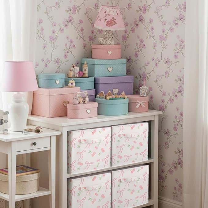 Geelin 6 Pcs Pink Bow Cherry Cube Storage Bins 11 Inch Storage Basket with Handle, Preppy Girls Organizer Basket, Collapsible Fabric Box for Classroom Bedrooms Office Home Decoration Gift