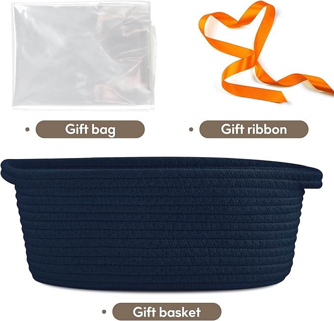 Pro Goleem Small Woven Basket with Gift Bags and Ribbons Durable Baskets for Gifts Empty Small Rope Basket for Storage 12"X 8" X 5" Baby Toy Baskets with Handles, Navy Blue