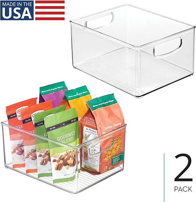 iDesign Plastic Stackable Pantry Bin - Organizer Bin with Handles for Cabinets or Fridge - Set of 2 - Clear