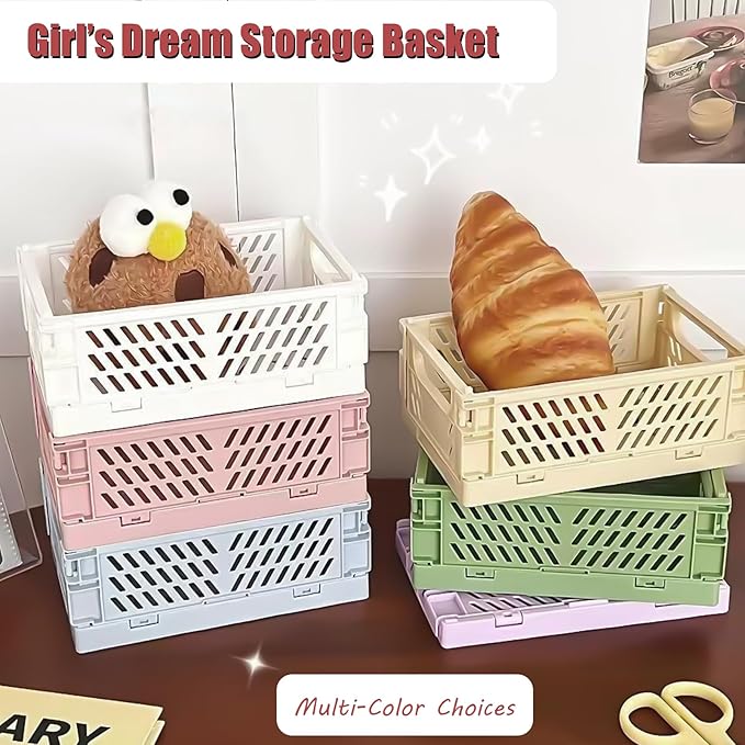 Small Pastel Plastic Storage Bins 2Pcs Foldable Pastel Crates Plastic Basket Colorful Storage Containers Baskets for Classroom Kitchen Office Bedroom Desktop Home Decor (Yellow 5.8" x 3.8" x 2.2")