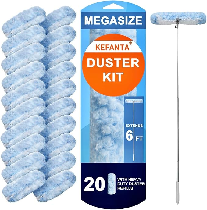 KeFanta Duster Refill Kit with 6 ft Super Extendable Handle Compatible with Swiffer, 360° Disposable Microfiber Dusting Pads for Home Cleaning, Ceiling, Fan, Window, Hard-to-Reach Areas, 20Pcs