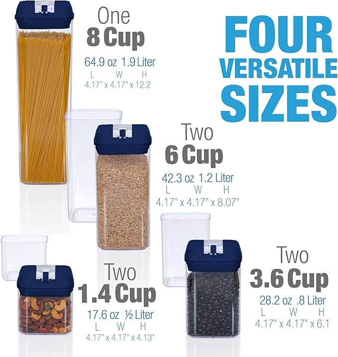 Set of 7 Airtight Food Storage Containers - Pantry Organizer Bins, BPA Free Plastic Containers plus Dry Erase Marker and Labels, Navy Blue