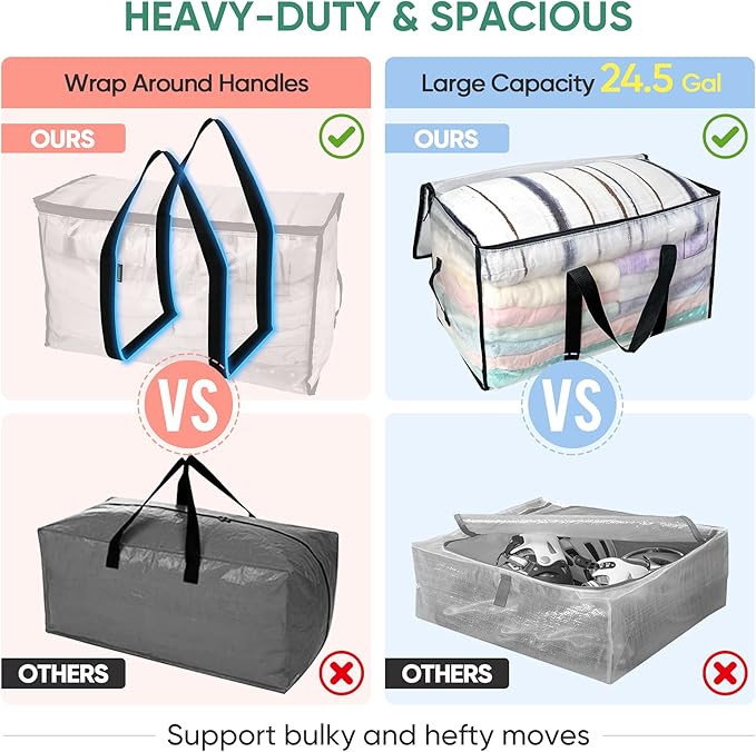 BALEINE 16-Pack Oversized Moving Bags with Reinforced Handles, Heavy-Duty Storage Tote for Clothes, Moving Supplies (Clear, 16-Pack)