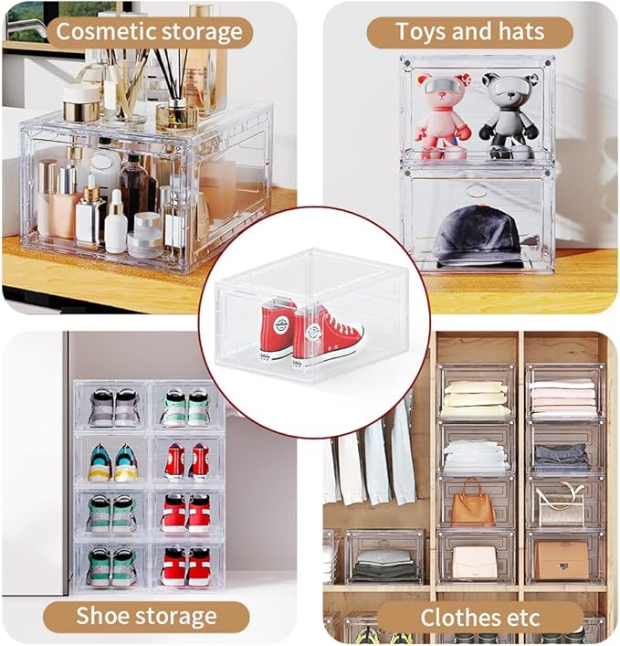 US 15 Clear Entryway Shoe Storage Boxes Stackable XXL, 8 Pack Clear Shoe Boxes Stackable for Closet, Drop Front Large Plastic Shoe Containers Collecting Sneakers.