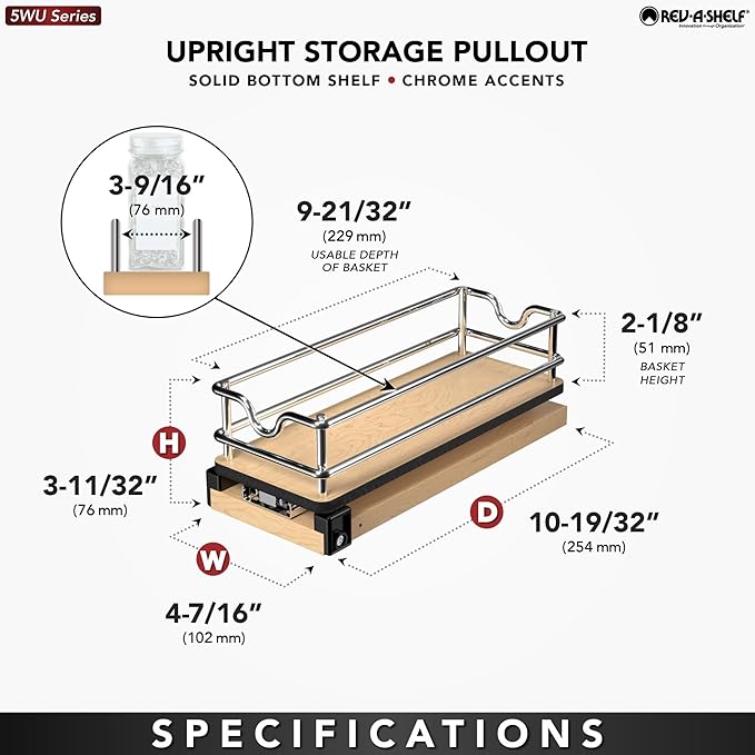 Rev-A-Shelf 9" Pullout Organizer for Cabinets, Single-Tier & Single-Wide Upright Sliding Storage for Kitchen Shelf, 5WU1-5W1-1