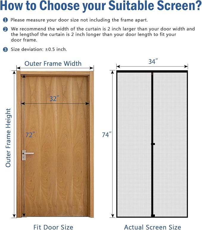 WochiTV Gray Magnetic Screen Door Fits Door Size 32" x 72", Screen Size 34" x 74", Mesh Net Curtain with Magnet Keep Fresh Air in